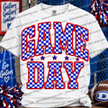Blue and White Checker Print GAME DAY with Red Outline and Stars