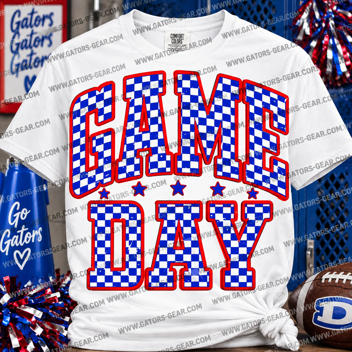 Blue and White Checker Print GAME DAY with Red Outline and Stars