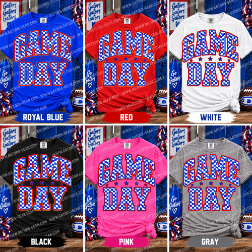 Blue and White Checker Print GAME DAY with Red Outline and Stars